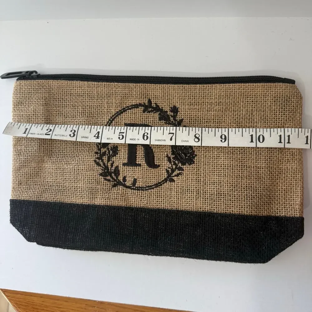 Makeup Bag Jute Cosmetic Pouch Gift Travel Case Monogram Initial R NEW